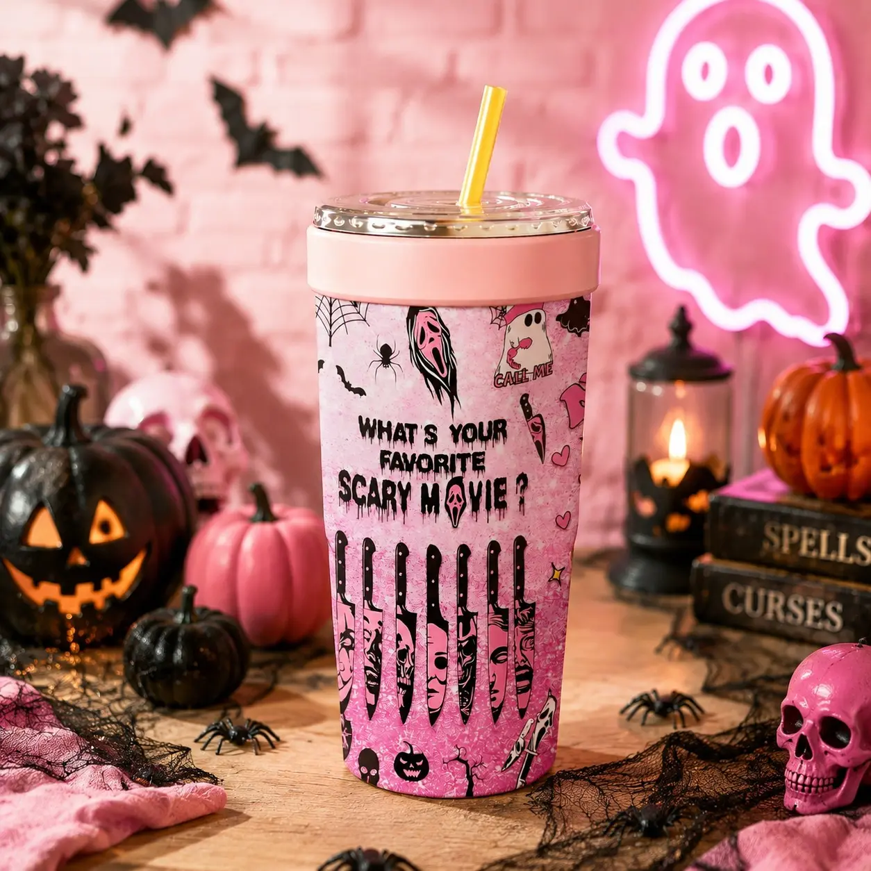 1PC 32oz Pink Scary Movie Print 2-in-1 Insulated Tumbler & Iced Coffee Cup Sleeve, Leak-Proof Double Wall Stainless Steel Travel Mug, Cold 12+H & Hot 6+H, Fits 16–32oz To-Go Cups, Halloween Gift for Friends & Family