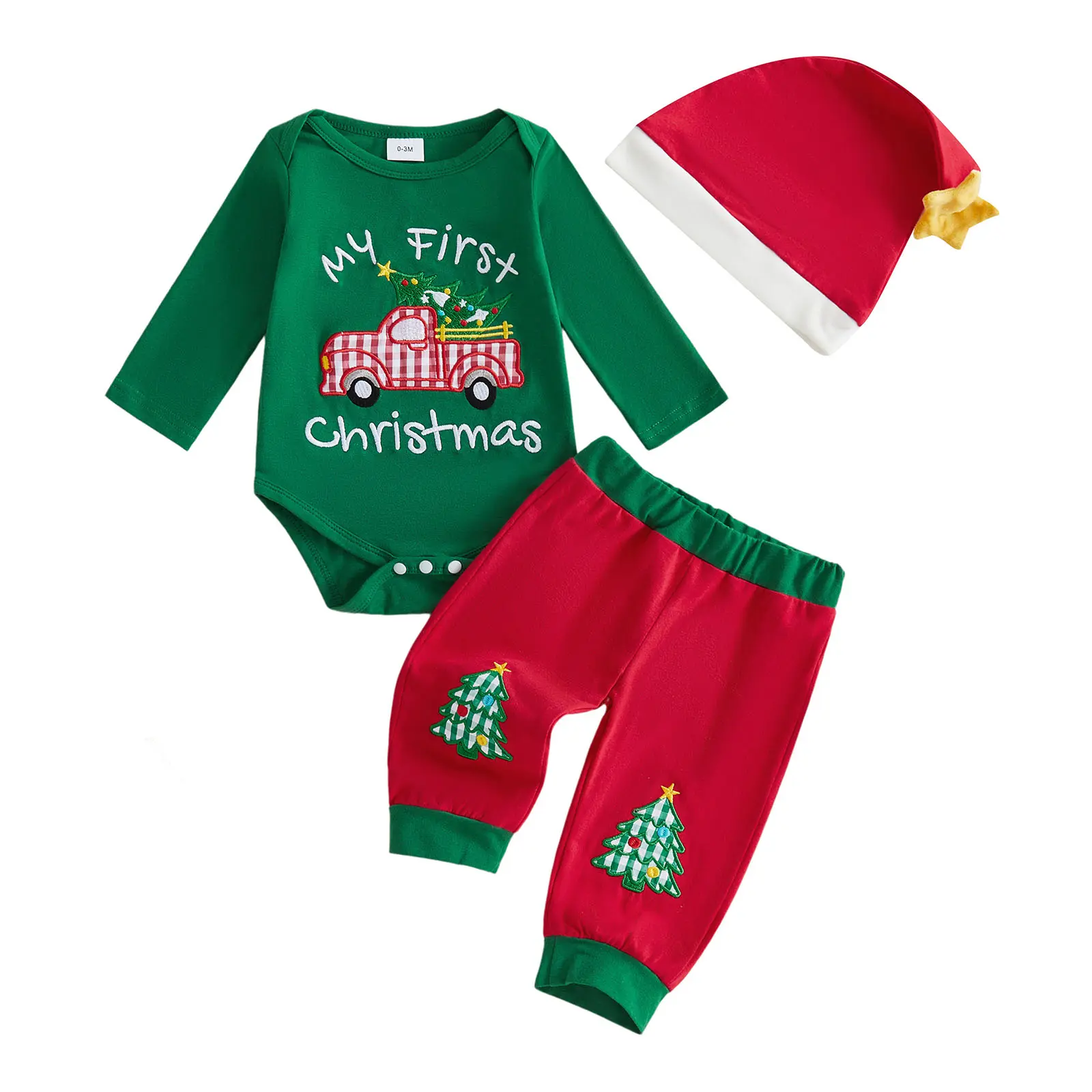Infant Baby Christmas Outfit Long Sleeve Romper Pants and Hat 3 Pcs Set Fall Winter 0-18 Months