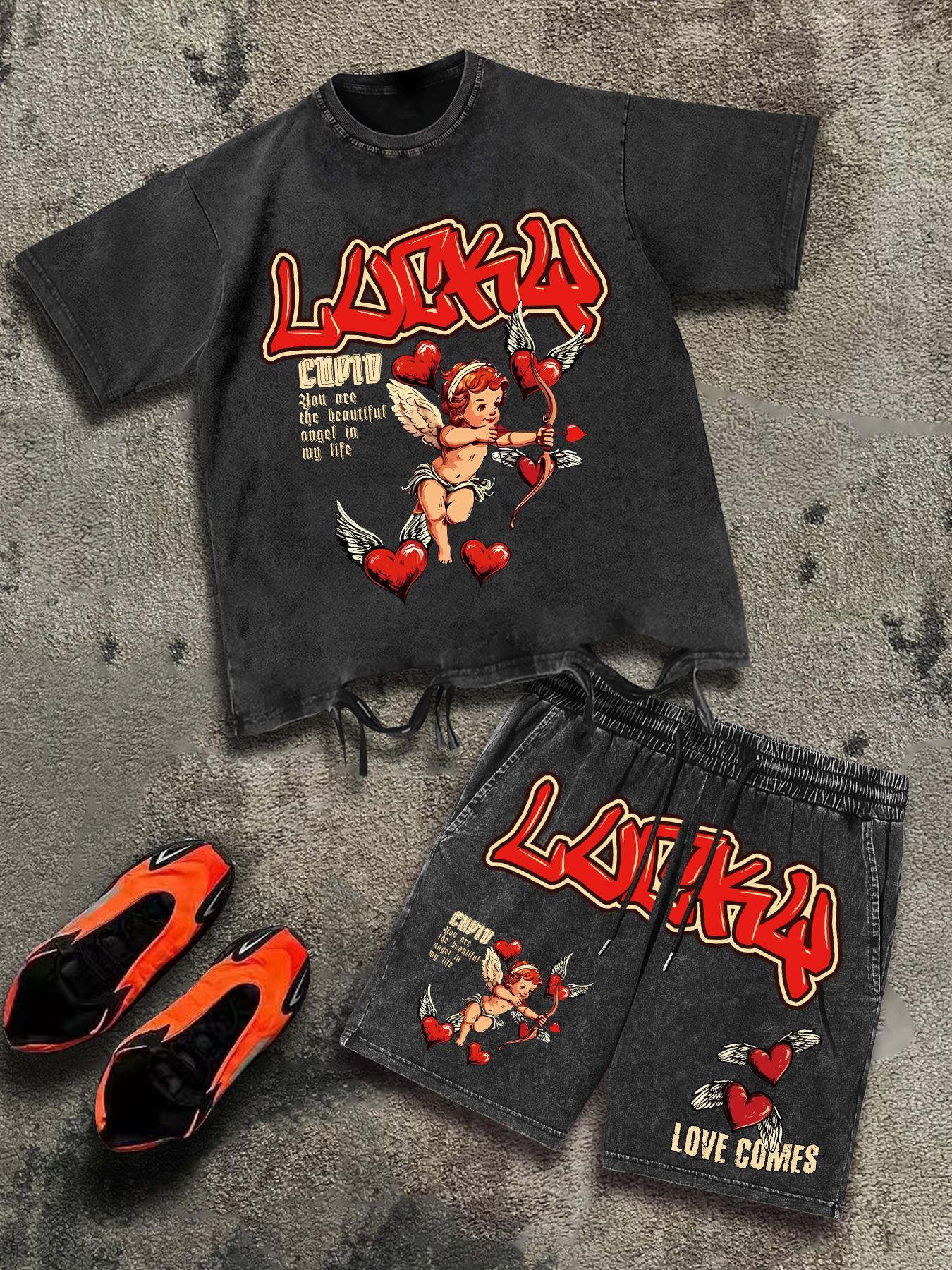 Men's Letter & Graphic Print Short Sleeve Tee & Shorts Two-piece Set, Round Neck T-shirt & Track Shorts, Casual Fashion Cozy Breathable Men Two-piece Outfits for All Seasons, Sets for Men Clothing, Cotton, Menswear, Outfit Suit Set, Matching Lounge Sets