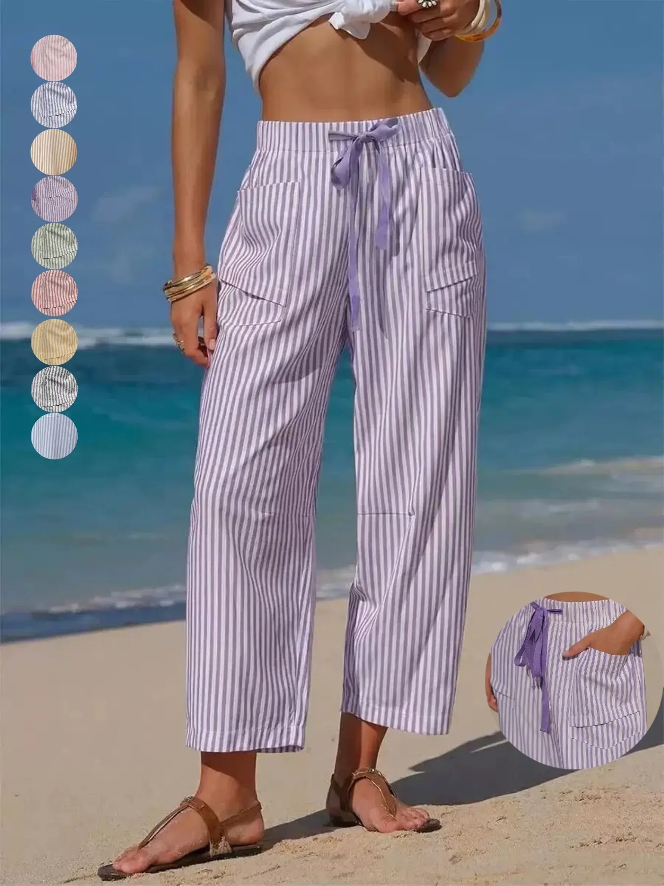 Women's Loose Striped Drawstring Casual Trousers, Elastic Waist Tie Belt Pants with Pockets, Available in Black, Blue, Red, Green, Pink, Purple, Sky Blue, Lemon Yellow & Khaki, 1 Piece