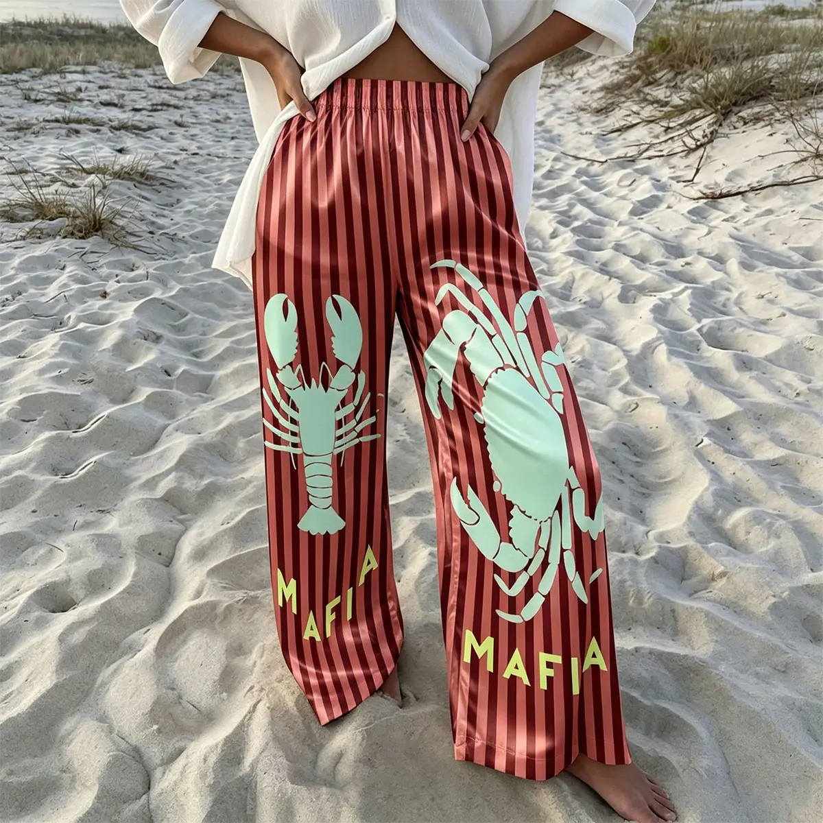 Women's Retro Satin Palazzo Pants with Striped Crab & Lobster Animal Print, Oversized Baggy High Waist Trousers for Beach Vacation, Everyday