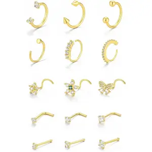 15 count 16G Septum Rings & 20G Nose Studs Set, 316L Stainless Steel Nose Hoops,  14K  Plated Nose   with CZ, L-Shape Corkscrew Nose Studs for Women Men