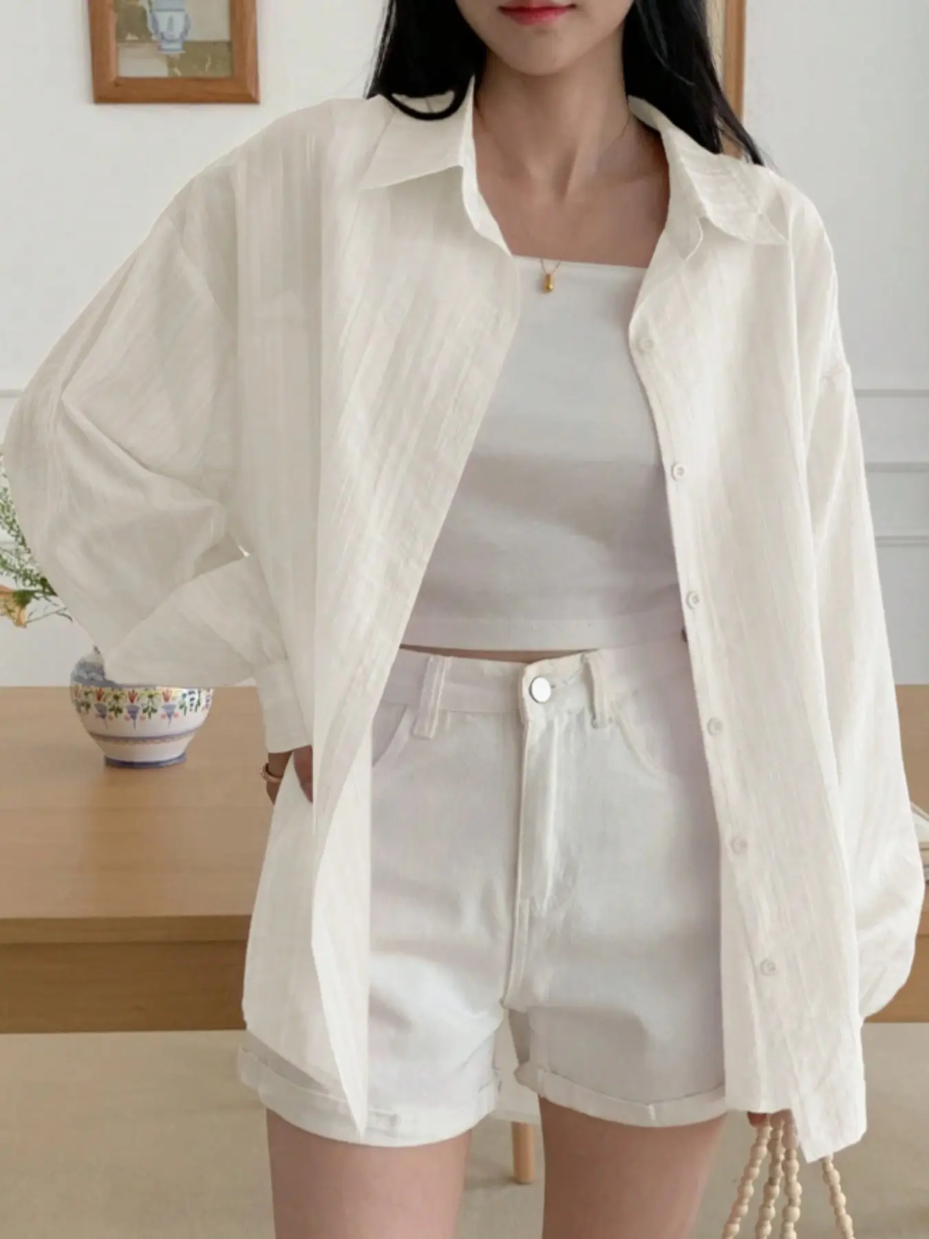Women's Plain Basic Minimalist Loose Fit Baggy Long Sleeve Shirt Jacket, Casual Commute Wear, Comfortable Soft Oversized Design, Perfect for Everyday Use, Tops