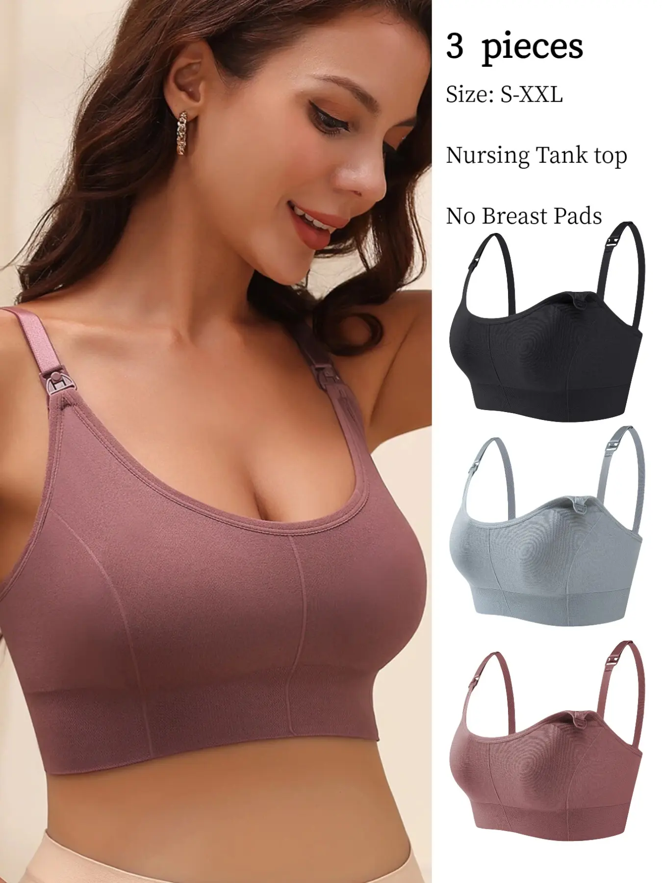 3-Pack Solid Color Nursing Bras, No Pads, Comfortable Maternity Bras for Pregnancy, Postpartum Nursing Bra, All-Seasons Breastfeeding Bra