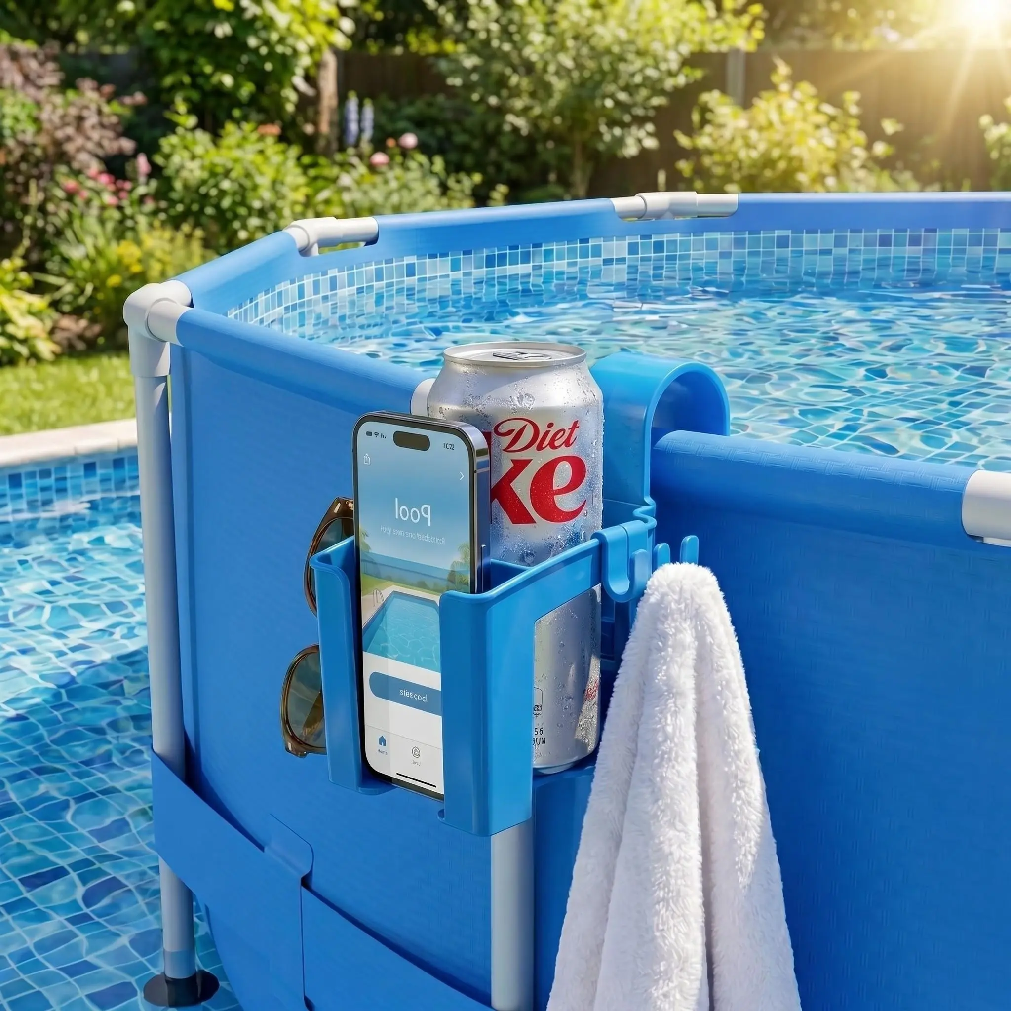 Towel Drink Pool  Organizer Box, Poolside Storage Basket, Swimming Pool Accessories with Hooks, Convenient Pool Gear Holder, Multi Purpose Storage