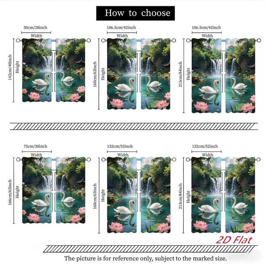 2Pcs Asian Landscape White Swan Lotus Pattern Sun Blocking Curtains Digital Printed Rod Pocket, Window Treatment For Bedroom Office Kitchen Living Room Study Home Decor