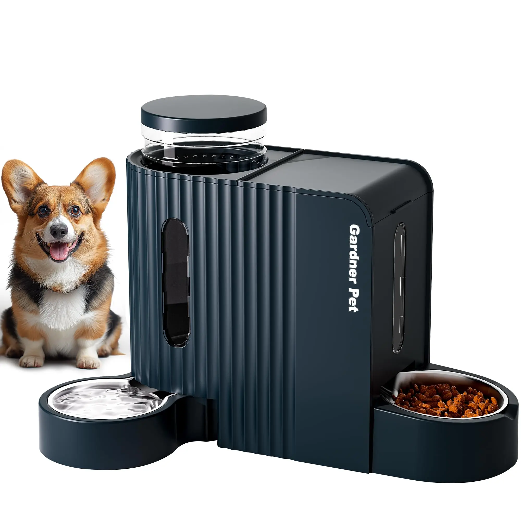 Gardner Pet Automatic Cat Feeder and Water Dispenser, 1.8 Gallons*2 Gravity Food Dispenser Set with Stainless Steel Bowls, Large Capacity for Multi Cats, Small Medium Puppies(Dark Blue)