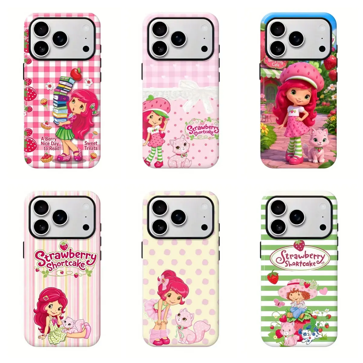 Strawberry Shortcake Phone Case, Cute Pink Plaid Polka Dot Cartoon Character Phone Case,Compatible for iPhone 17 Promax 16 15 14 13 12 11 and for Samsung S22-S26 Ultra,Gift for Her Him