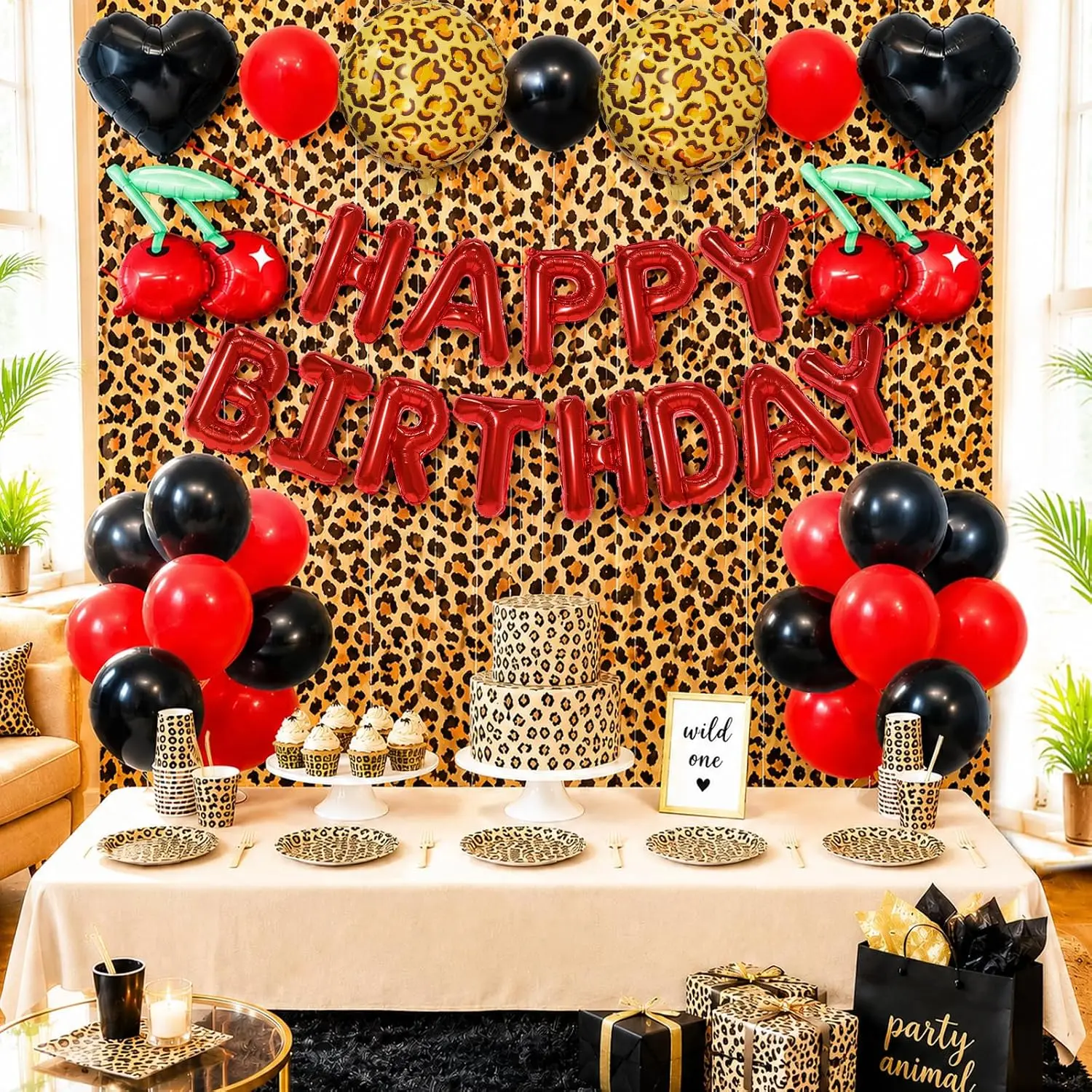 Cheetah Print Birthday Party Decorations with Leopard Print Foil Fringe Curtains,Happy Birthday Letter Balloons, Heart,Cherry,Leopard Round Foil Balloons,Latex Balloons for Birthday Party Women Girl