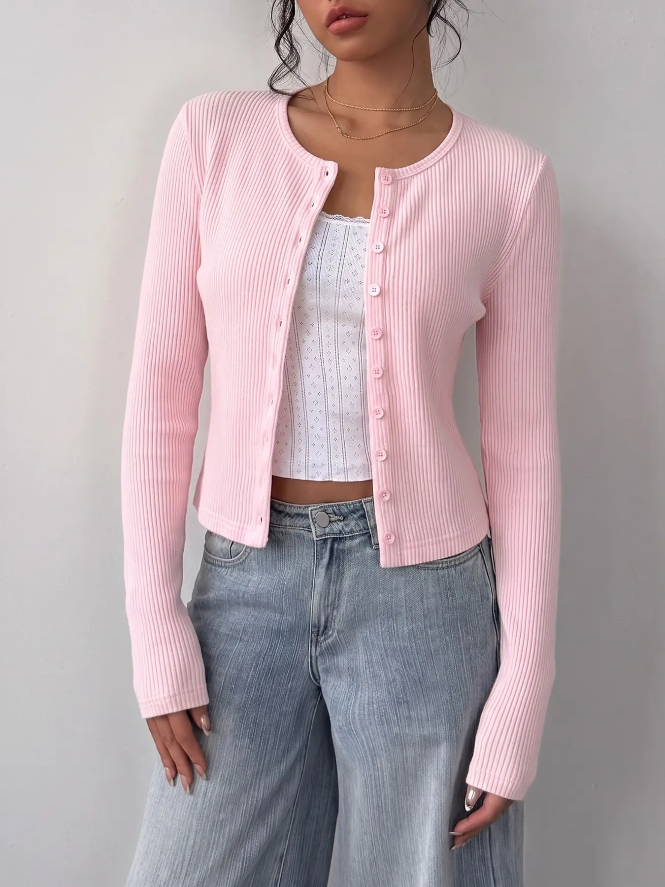Figure Hugging Crew Neck Button Front Cropped Cardigan, Knitwear, Y2K Aesthetic Daily Street College Office Layering Outerwear Slim Waist Cut Long Sleeve Pastel Pink Outfit Daily Errands Weekend Casual Cardigan