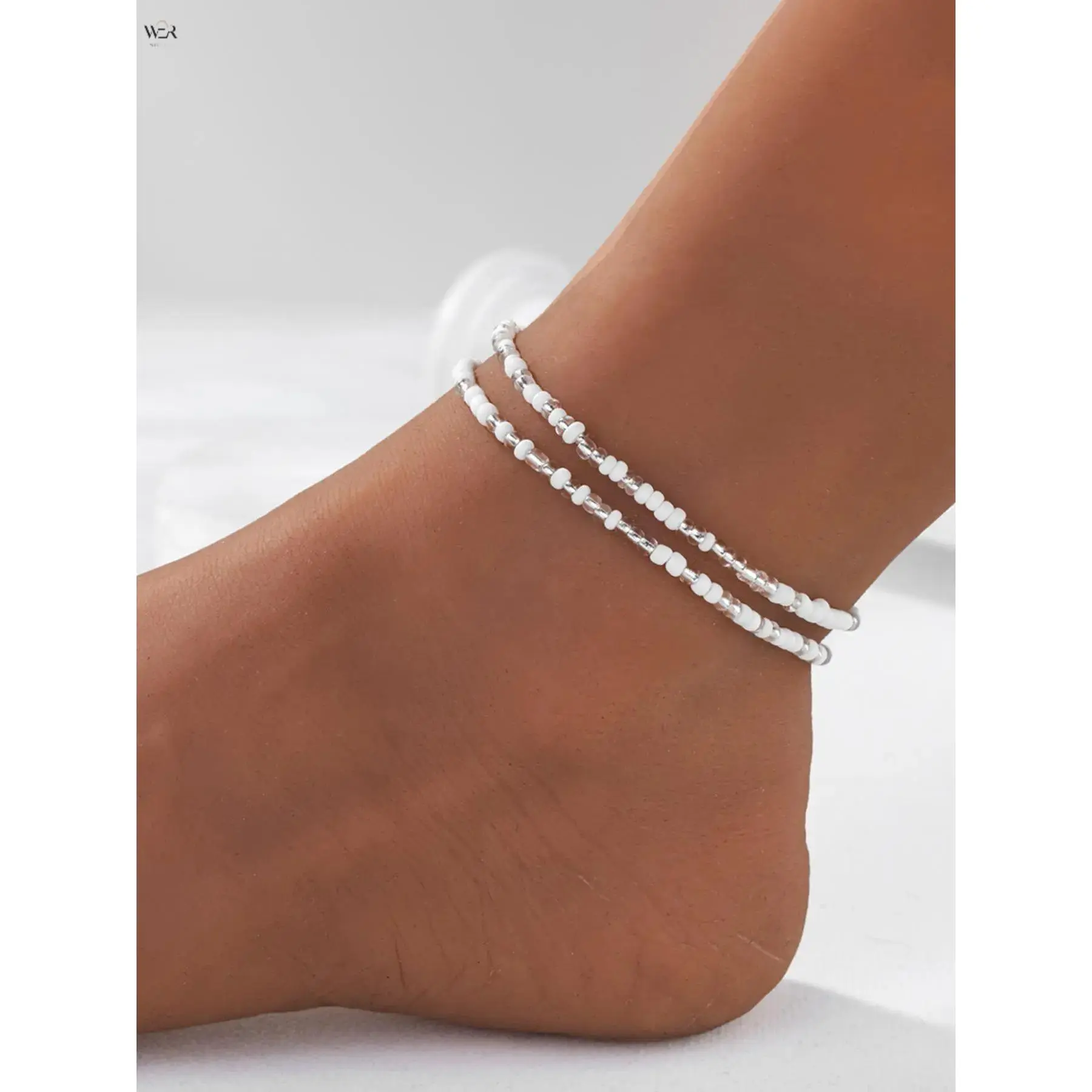 Double Layer Beaded Stretch Ankle Bracelets for Women, Dainty Seed Bead Stackable Anklet Elastic Strand Foot Jewelry, Cloud White Black Multicolor Minimalist Boho Anklet Accessories for Beach Vacation Daily Wear