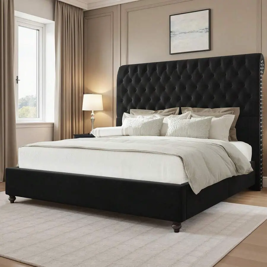 Queen King Size Bed Frame For Bedroom Furniture, Velvet Upholstered Sleigh Bed With Deep Button Tufted Headboard, Handcrafted Pleats, Solid Wood Slats And Legs, Noise Free, No Box Spring Needed, Black, Cream, Dark Grey,platform,corner bed frame,floo,,twin