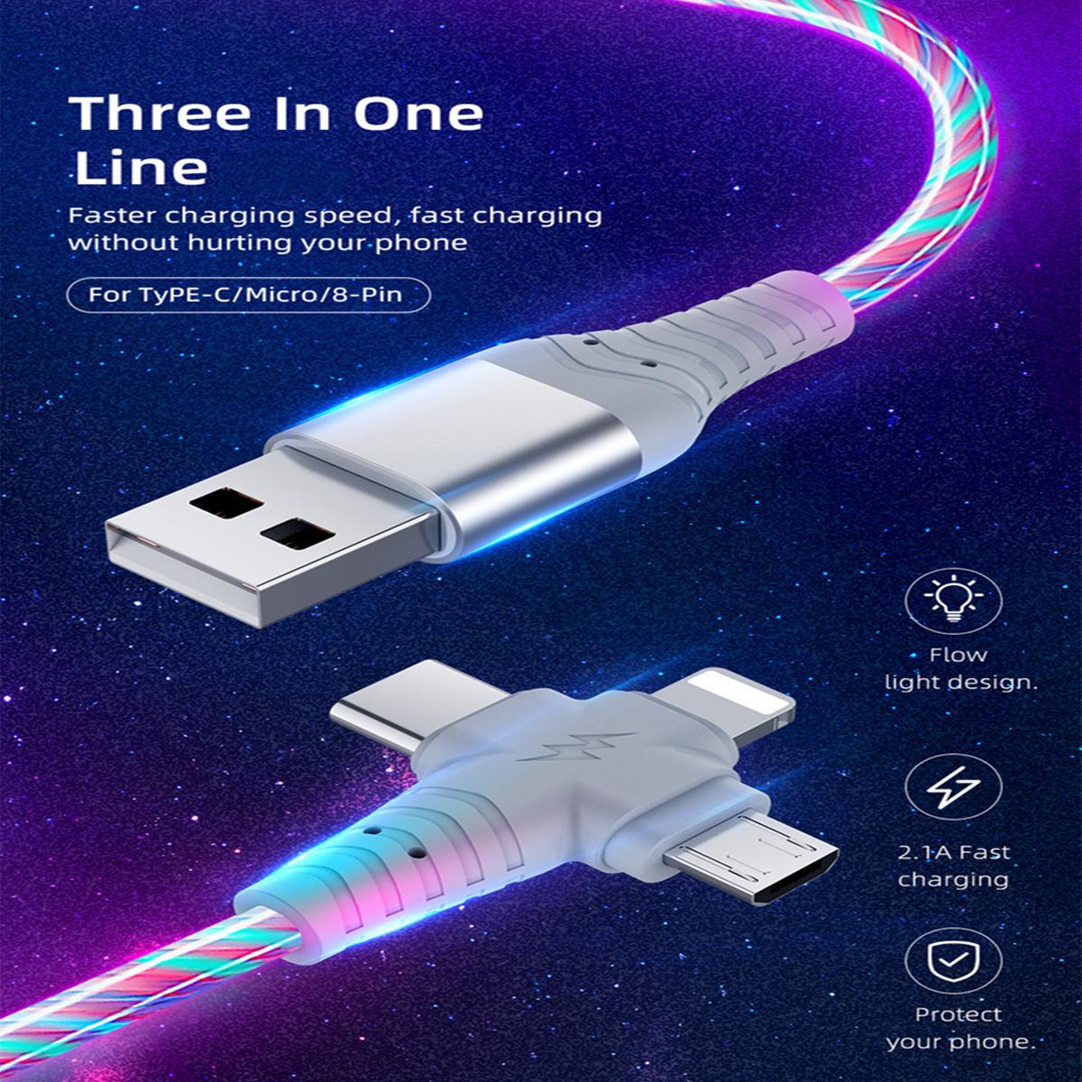 Multi Ports Light-Up USB Cable USBA to USBC/MicroUSB Cable Durable Fast Charging Cable with Visible Current Flow As Night Light Use-3in1 Colorful