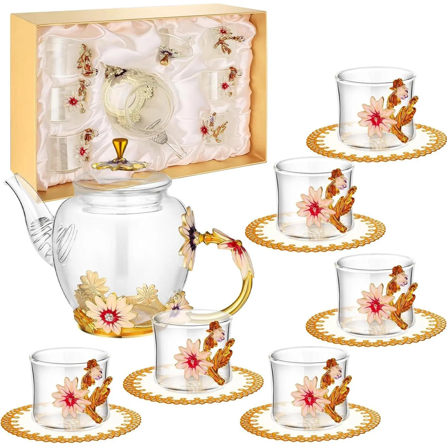 7 Pcs Floral Tea Set for Women Vintage Flower Teapot Set With Gift Box Glass Tea Kettle Fancy Cup Mug With Coasters for Kitchen Family Gathering Home