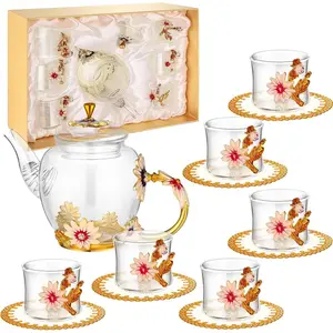 7 Pcs Floral Tea Set for Women Vintage Flower Teapot Set With Gift Box Glass Tea Kettle Fancy Cup Mug With Coasters for Kitchen Family Gathering Home