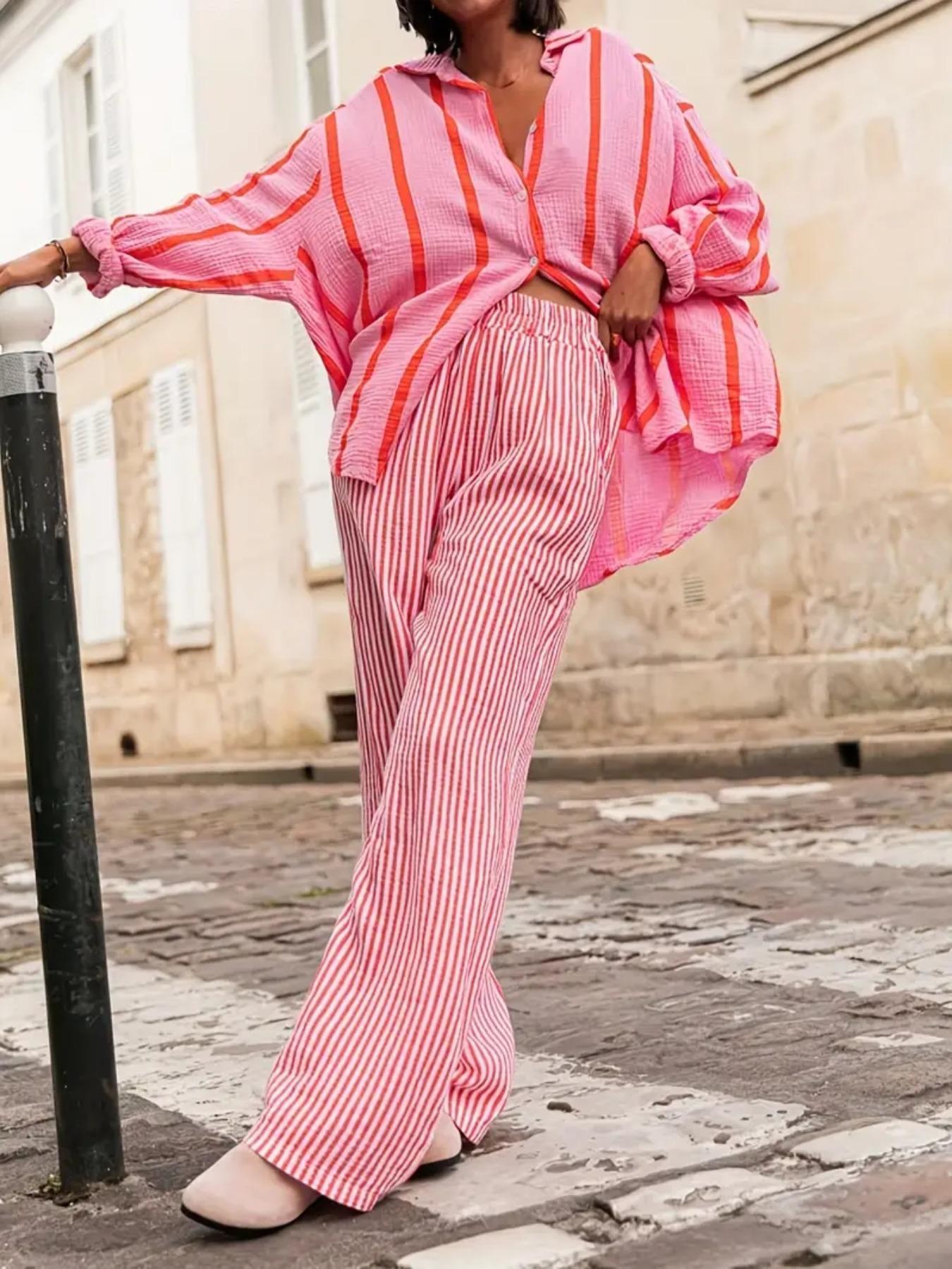 Women's Striped Print Long Sleeve Shirt Blouse, Elegant Casual Fit Button Front Top for Daily Wear, Ladies Clothes for All Seasons