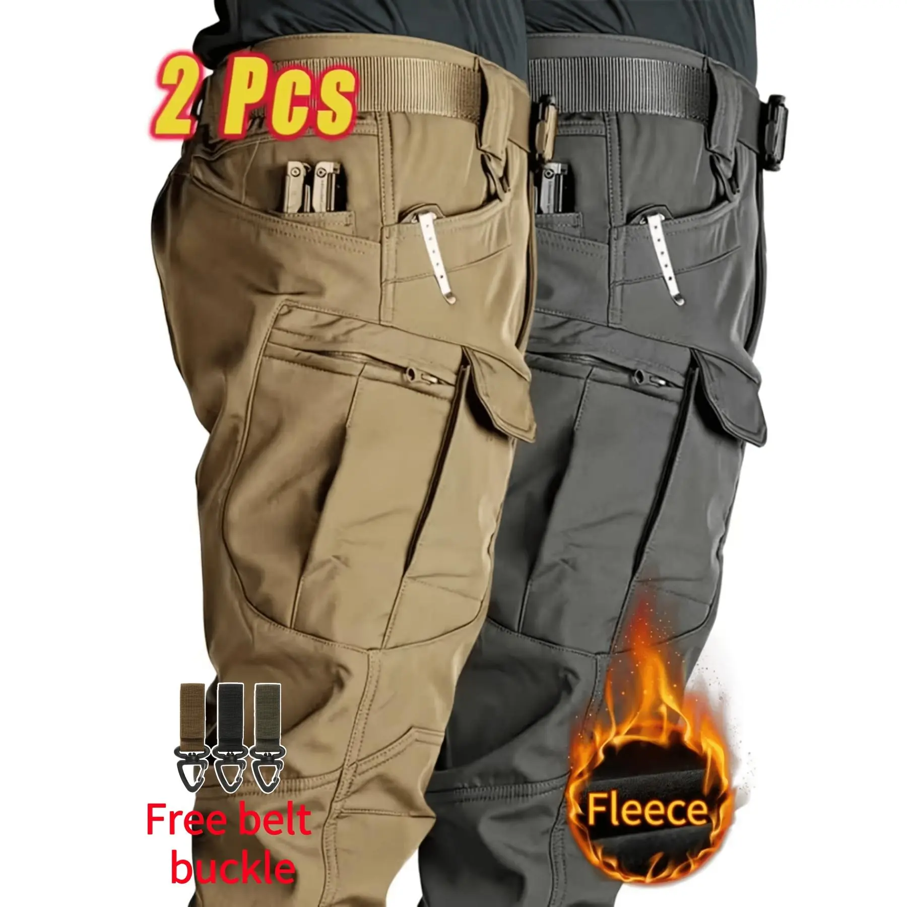 Men's Casual Plain Fleece Tactical Pants 2pcs (Free Belt Buckle) - Regular Fit, Multi-Pocket, Durable Menswear Outdoor Pants, Suitable for Hiking, Construction Work, Machine Washable