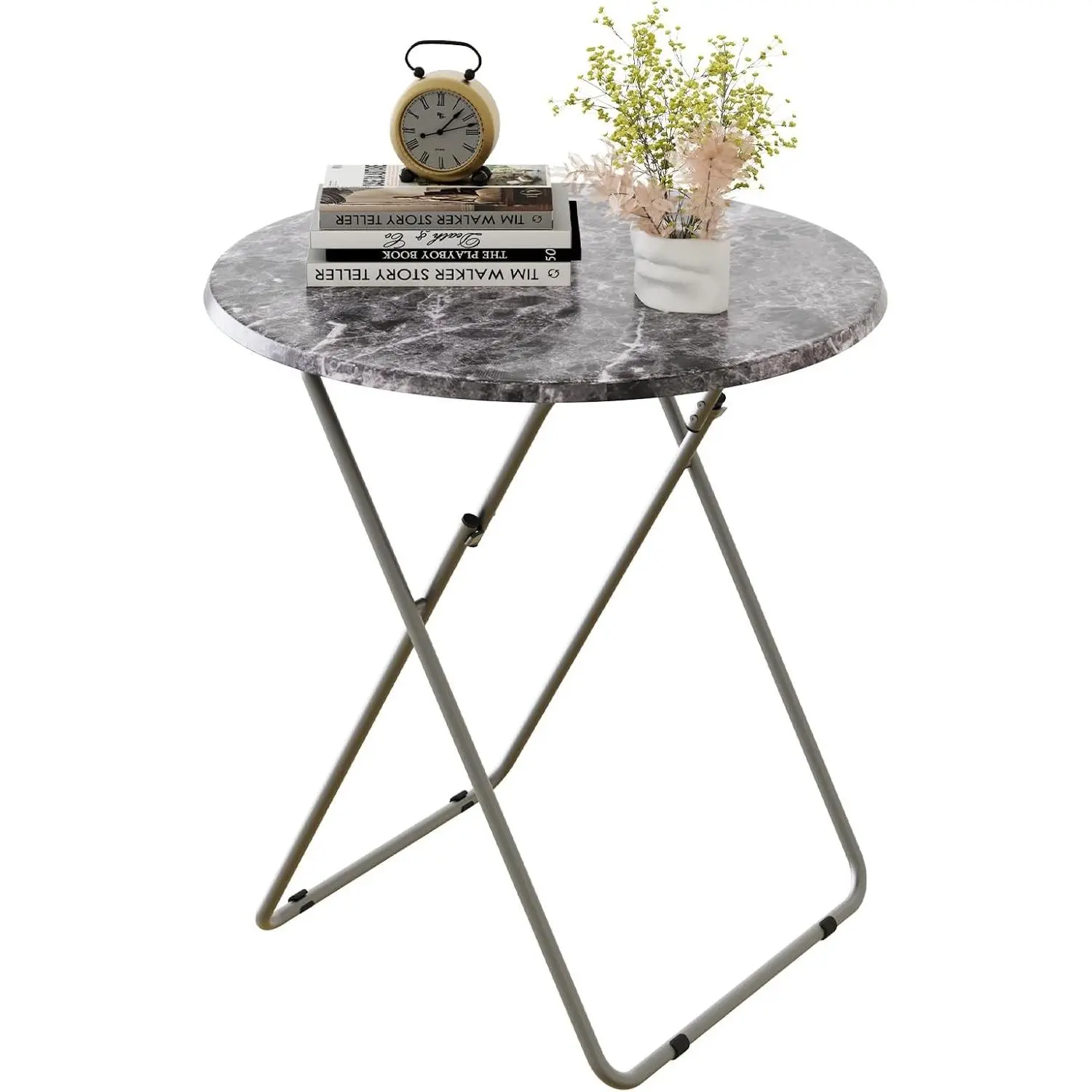 Round Folding TV Tray Dinner Snack Table, Portable Foldable Small Sofa Bedside Table, Lightweight 17.5 x 17.5 x 26 in, Black Marble
