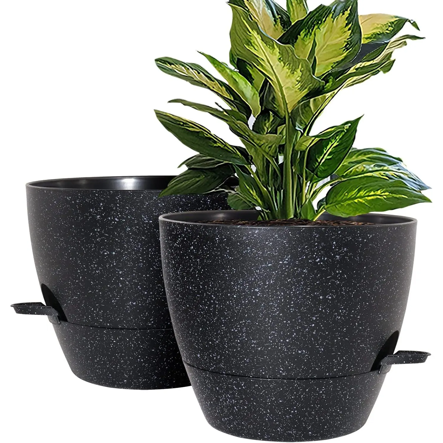 10 inch Self Watering Planters, 2 Pack Large Plastic  Pots with Deep Reservior and High Drainage Holes for Indoor Outdoor  and , Speckled Black