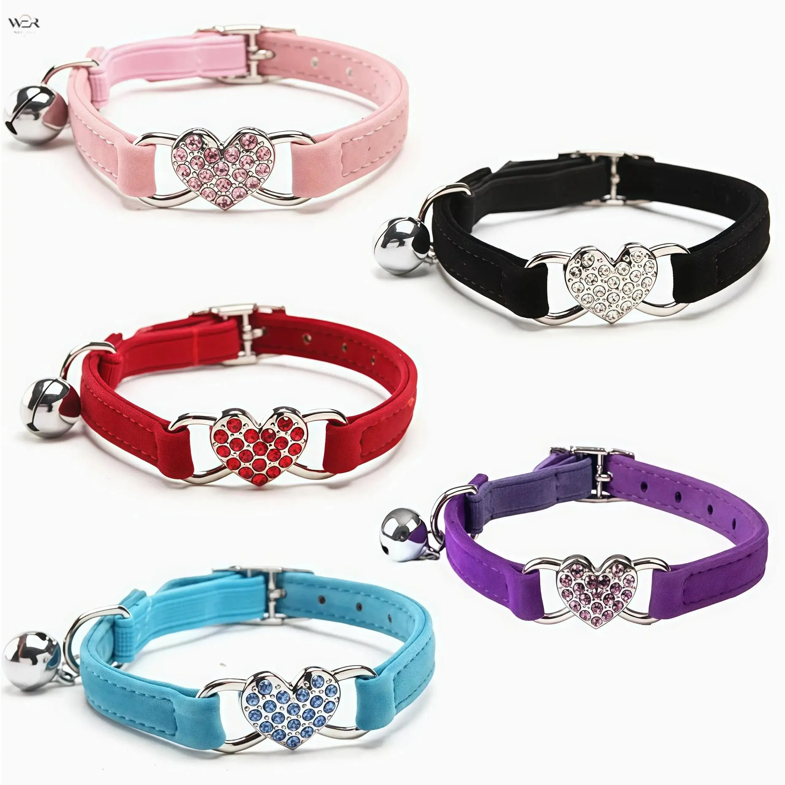 Bling Rhinestone Heart Cat Collar with Bell, Soft Suede Adjustable Kitten Puppy Collar, Cute Crystal Pet Neck Collar for Small Animals, 7 Color Options