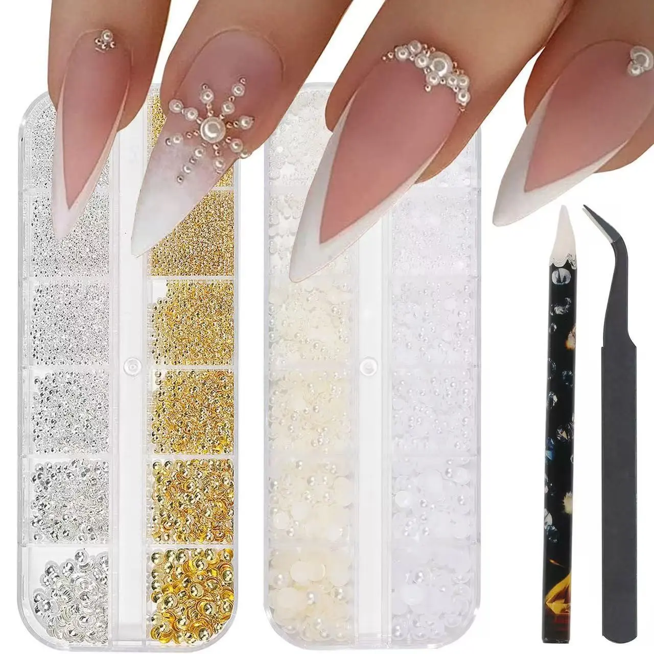 2 Box Nail Art Decoration Set, Metal Concave Plates + Mini Half Round Pearls, DIY Nail Stickers, Home & Salon Use, Essential Nail Art Tools, Nail Art Products