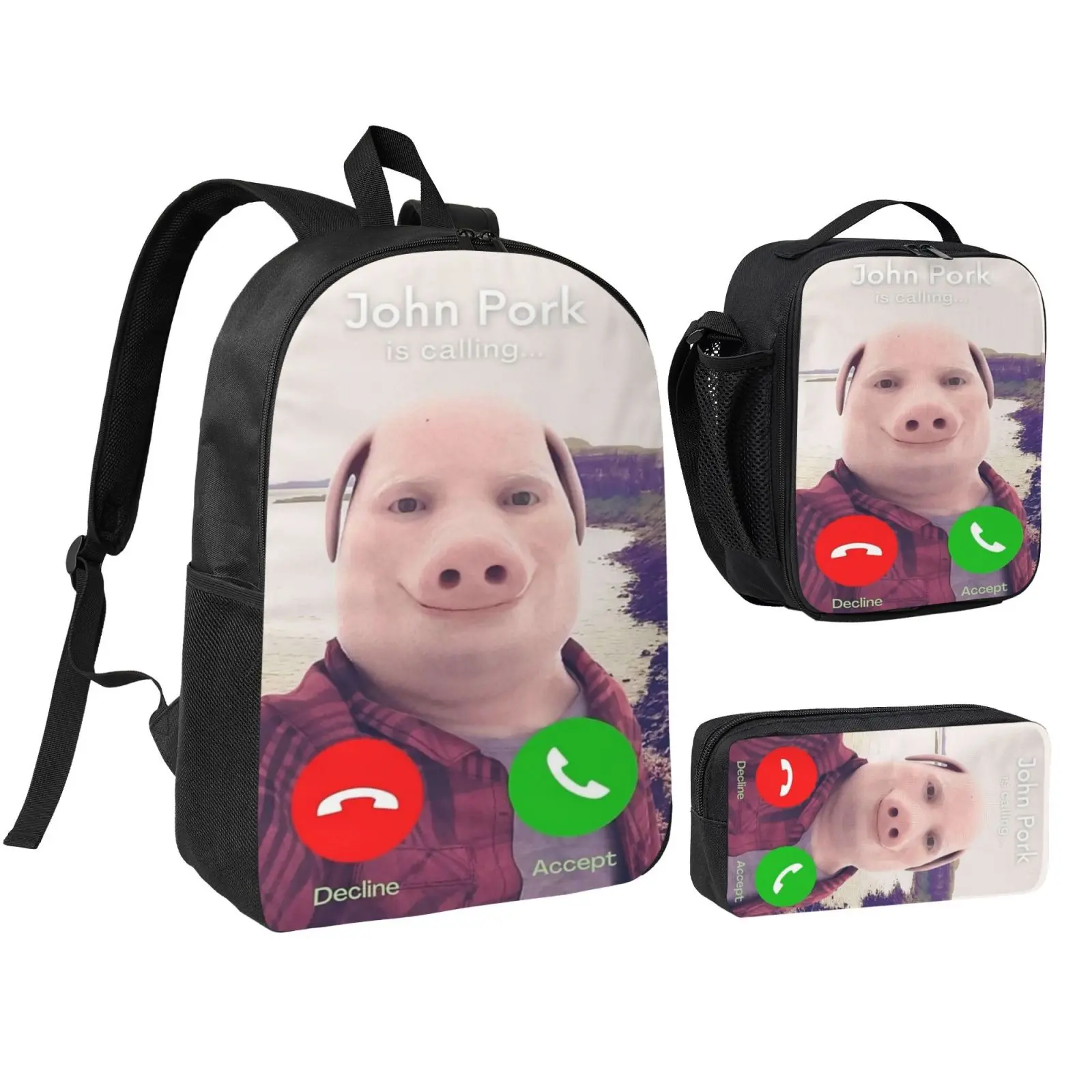 Anime John Pork1 3Pcs School Backpack Set for Teens Boys Girls, Adjustable Strap Kids Bookbag with Insulated Lunch Bag & Pencil Case, Lightweight Travel Office Daypack