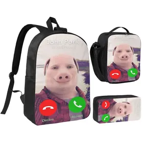 Anime John Pork1 3Pcs School Backpack Set for Teens Boys Girls, Adjustable Strap Kids Bookbag with Insulated Lunch Bag & Pencil Case, Lightweight Travel Office Daypack