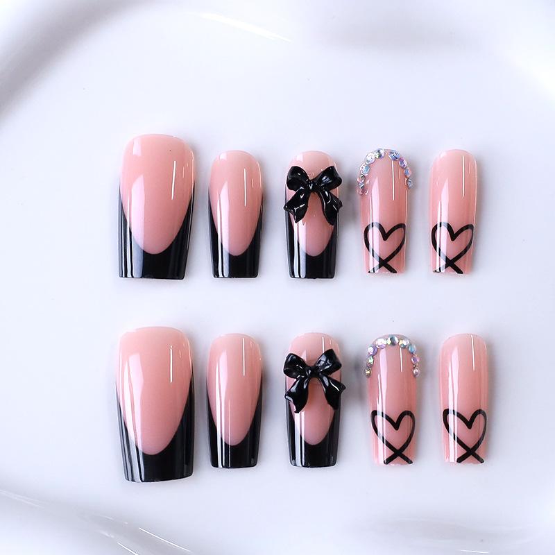 Cross-Border Hot-Selling Nail Art European and American High-End Fashion Hot Girl Black French Bowknot Shiny Diamond Long Wearable Nails Wholesale