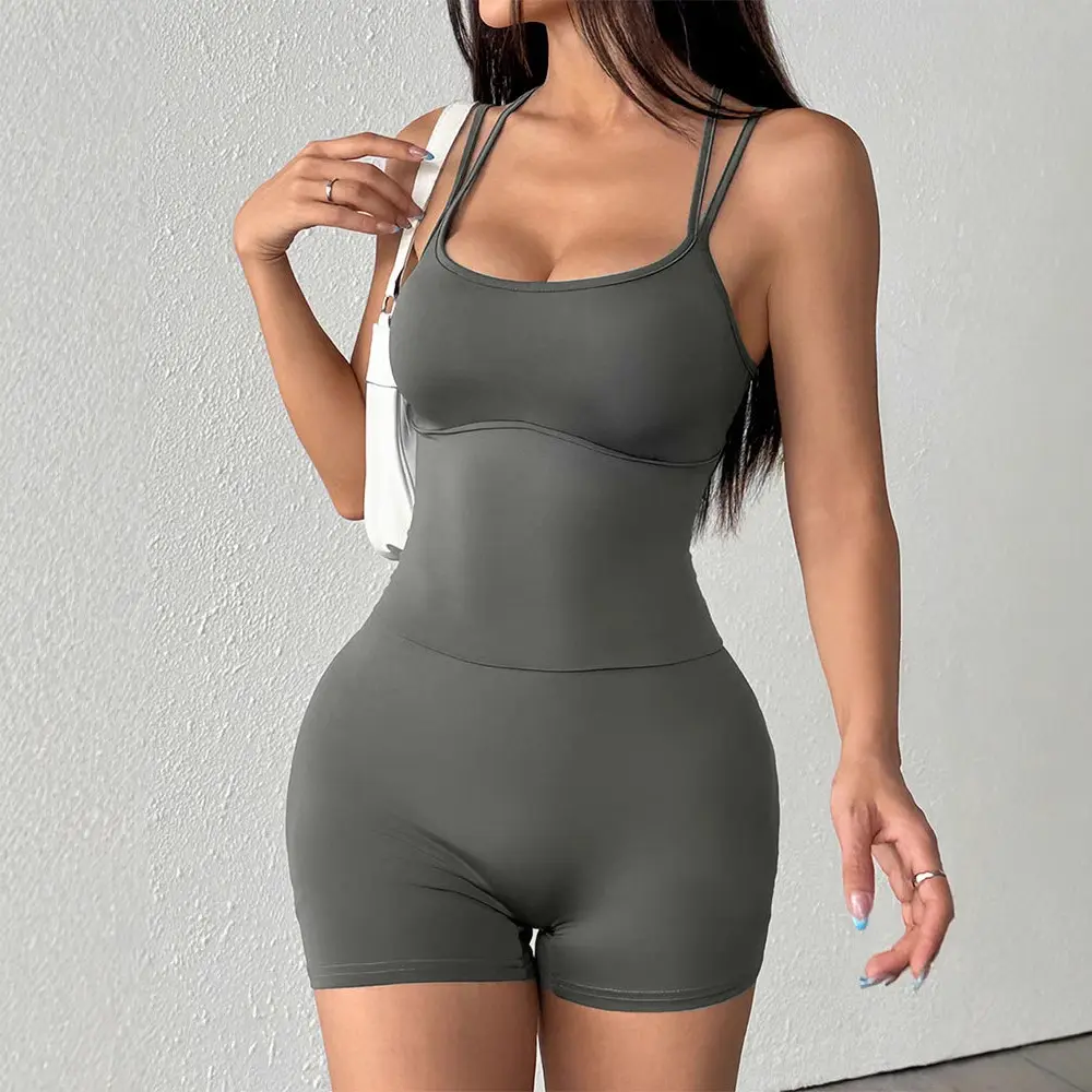 Sexy Solid-Color Yoga Romper – Form-Fitting, Spaghetti-Strap, Open-Back, "Nude-Feel" Athletic Bodysuit