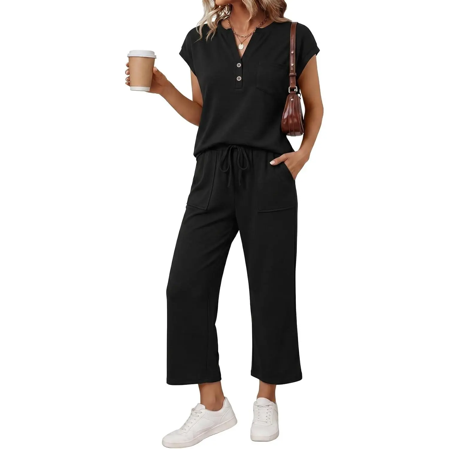 Women's 2-Piece Uniform Lounge Sets, 2026 Spring Matching Henley Sleeve Tops & Adjustable Seamless Wide-Leg Crop Pants, Casual Day Vacation Outfits, Basic