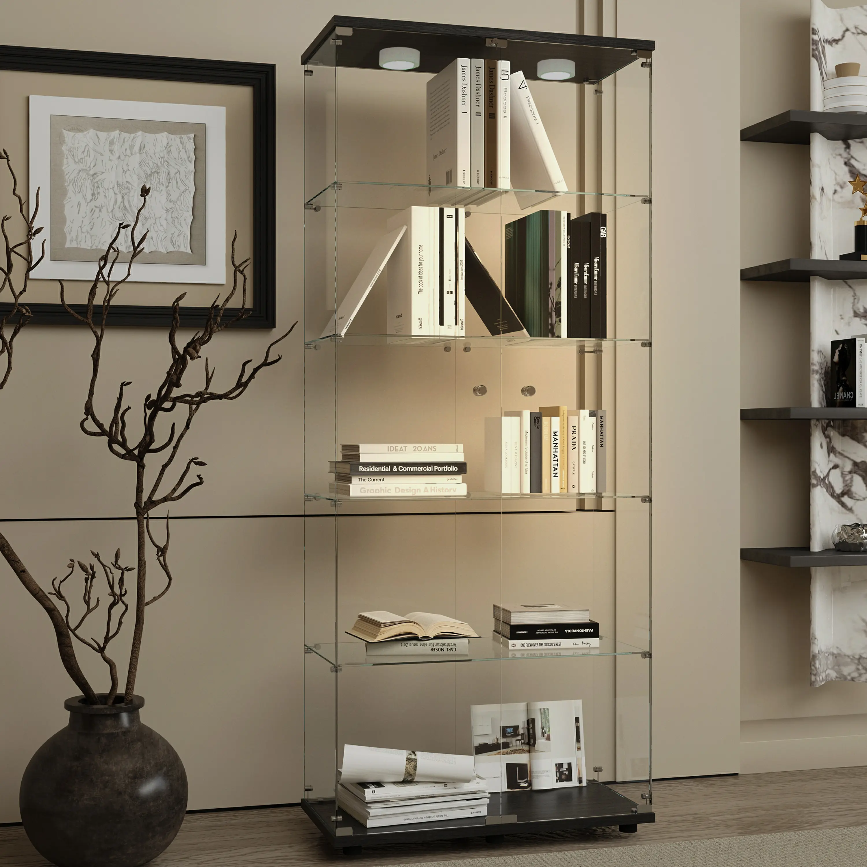 ARCH Tempered Glass Display Cabinet with LED Lights and Lock, Storage Cabinet for Liquor, Collectibles, Files, Adjustable Feet, for Living Room, Bedroom, Office, Black, Living Room Table for Sofa Side, Bedroom, Office, Apartment and Home Decor