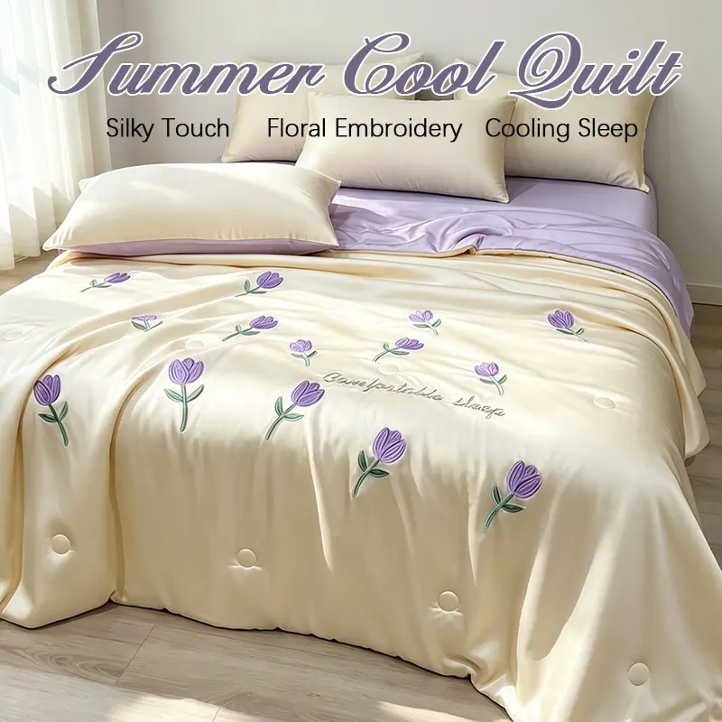 Single Pack Luxury Embroidered Cooling Blanket, Silky Cool Feeling Sweat-Wicking Summer Comforter, Ultra Breathable Gentle Fabric Allows Naked Sleep, Lightweight Washable, Various Sizes & Rich Colors, Great for Dorm, Office, Camping, Road Trip & Car Use