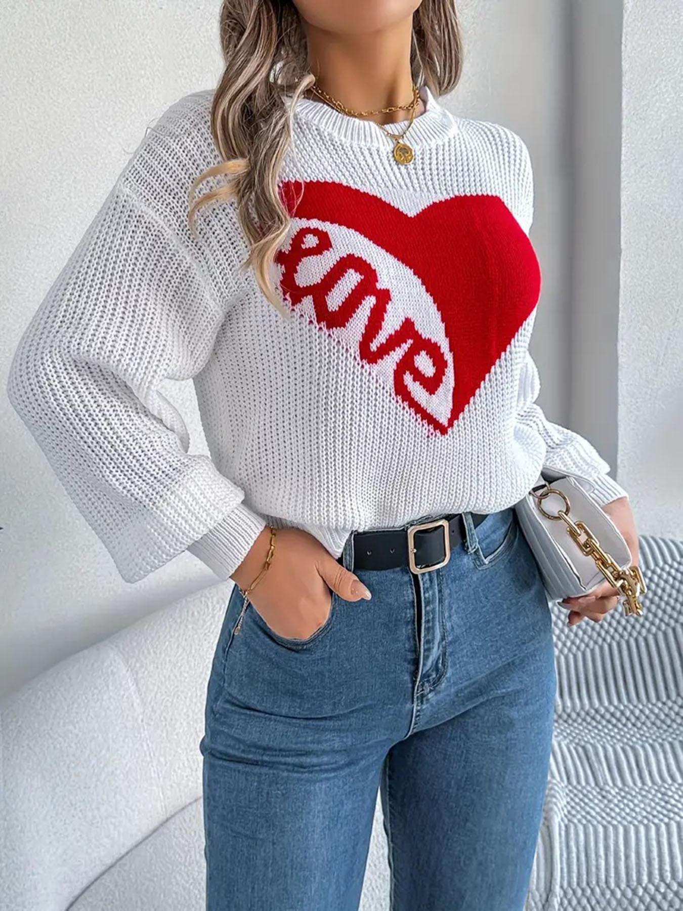 New Heart Loose Knit Sweater for Women, Autumn Winter Round Neck Pullover, Casual Colorblock Design, Lazy Style Heart Pattern Top, Knitted Shirt