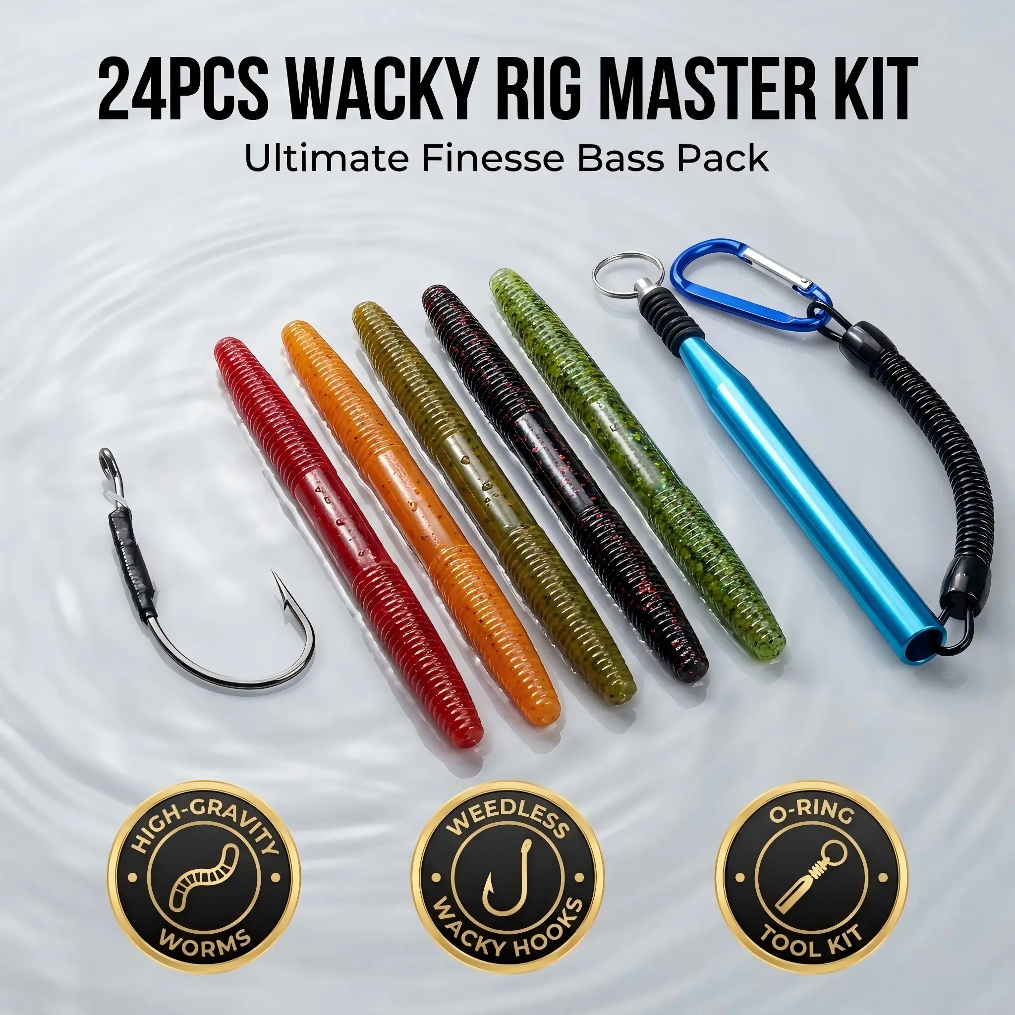 24PCS Wacky Rig Master Kit, 14cm High Gravity Salted Senko Worms, Nylon Weedless Wacky Hooks, Premium Aluminum O-Ring Tool and Lanyard for Bass Pike
