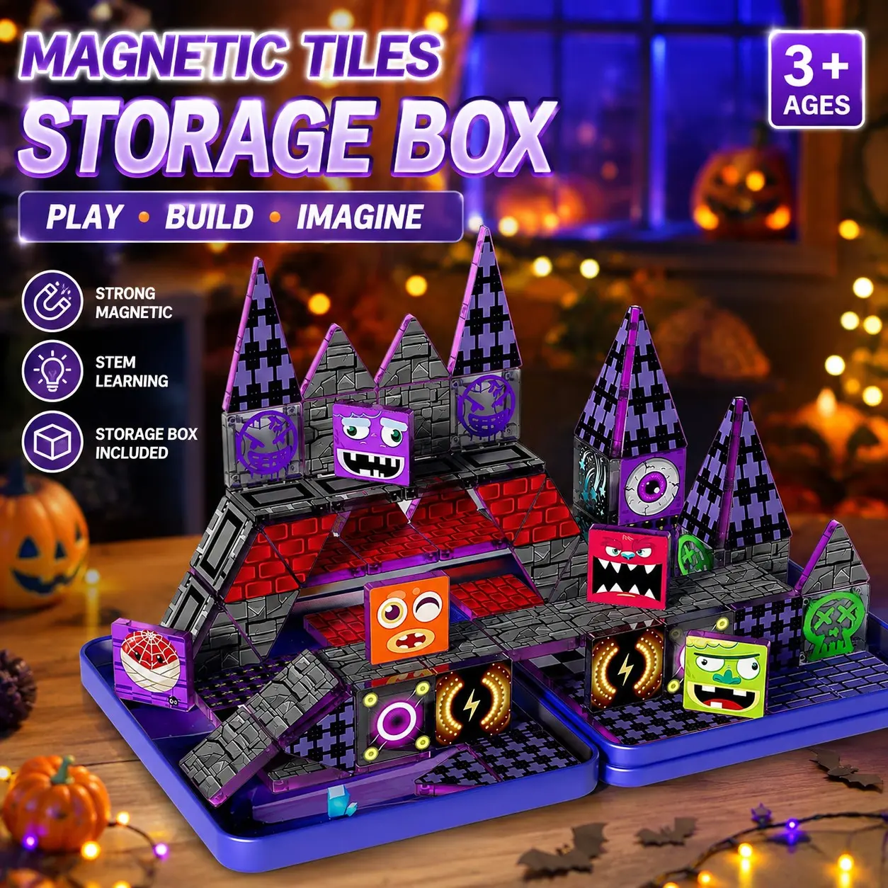 Halloween Theme Magnetic Building Tiles Set, Creative Castle DIY Puzzle Toy, Stem Early Learning, Ages 3+, Birthday Gift