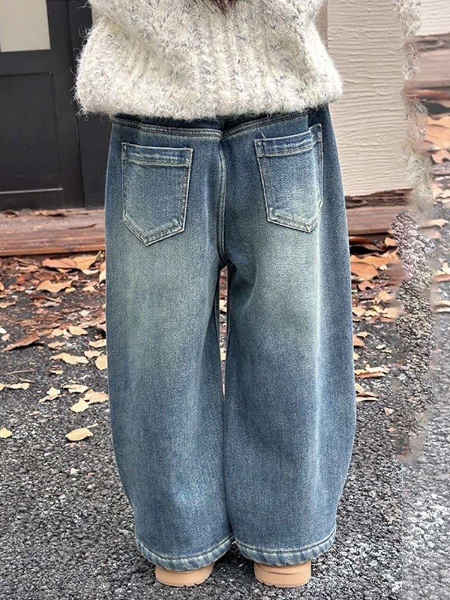 Girls' Fleece-Lined Thickened Warm Casual Washed Pants |         Autumn and Winter New Style, Loose Straight-Leg Silhouette, Elastic Waist, Long Length, Perfect for Going Out