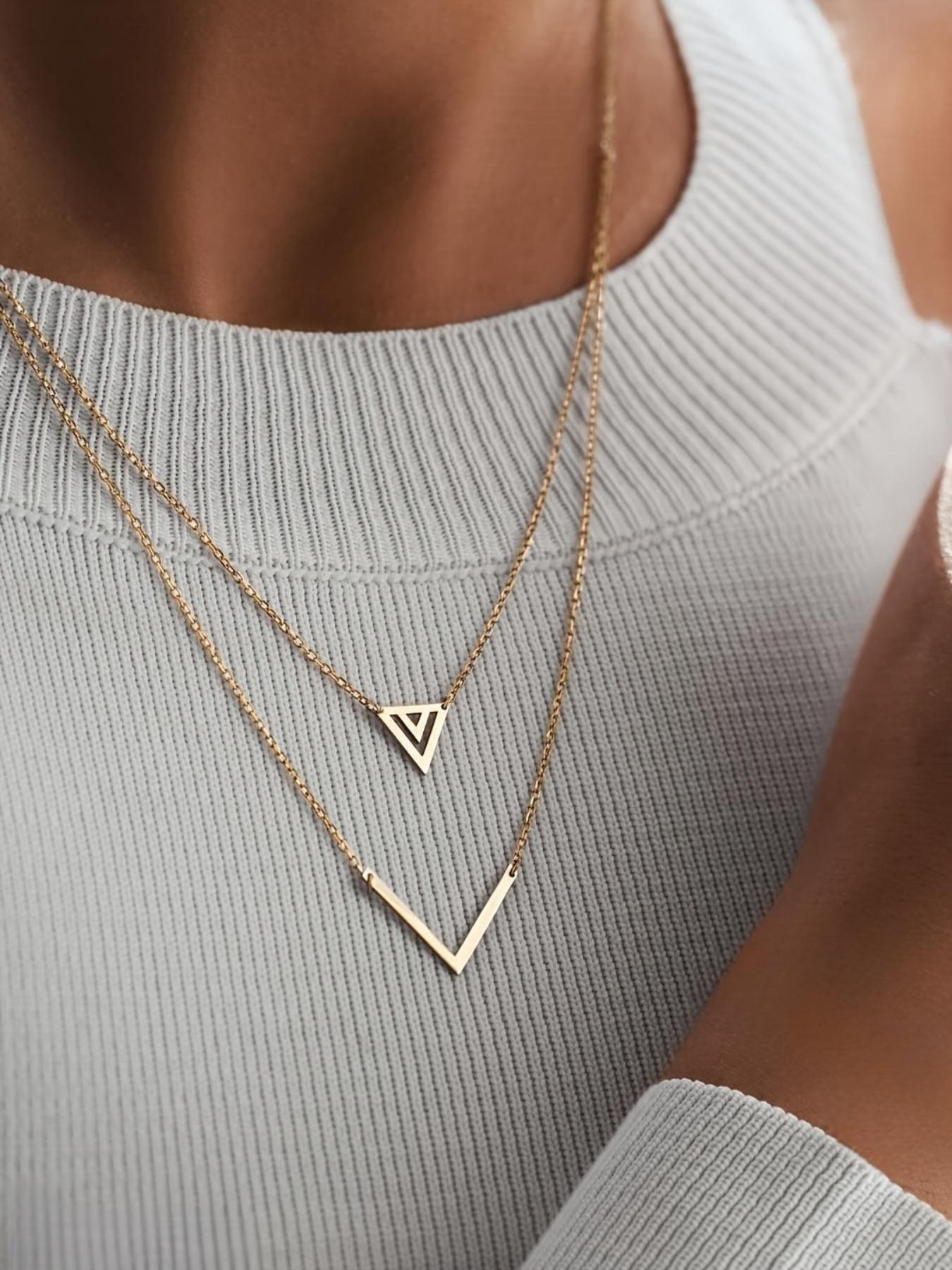 Women's Elegant V-shaped Hollow Triangle Pendant Necklace, Exquisite Trendy Layered Necklace, Chic Vintage Jewelry As Gift for Girlfriend