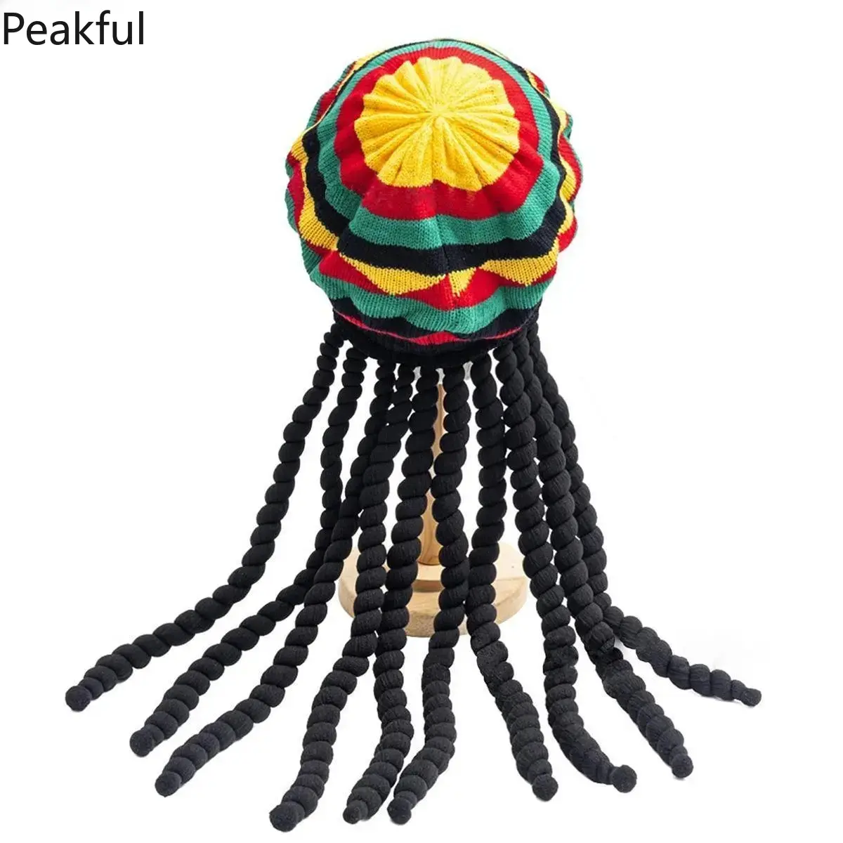 Handmade Knit Dread Beanie with Rainbow Rasta Braids, Unisex Jamaican Beret for Festival Season, Funky Boho Headwear with Extra Space for Dreads, Great for Music Lovers