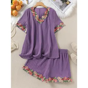 Plus Size Color Block V-Neck Floral Embroidery Patchwork Short Sleeve Set with Elastic Waistband and Embroidered Shorts