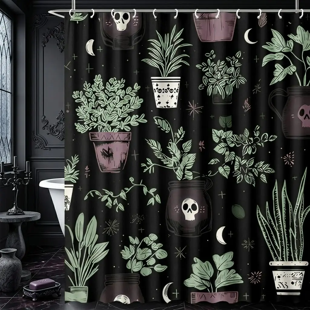 1pcs Gothic Plant Skull Aesthetic Decorative Shower Curtain, Witchy Celestial Potted Plant Bath Curtain, Spooky Botanical Bathroom Decor, Halloween, Dark Cottagecore