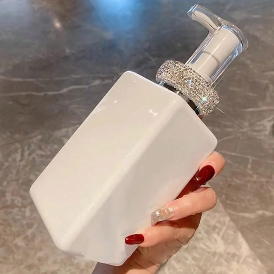 Luxury Rhinestone Foaming Hand Soap Bottle, Square Dispenser, High-End Bathroom Vanity, Elegant Sparkling Soap Dispenser