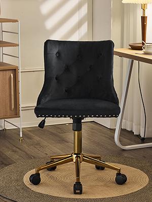 VINGLI velvet armless home office desk and chair, available in multiple colors, golden base/wheels, cute dressing table/makeup chair, bedroom, soft cushion adjustable rolling and rotating nail chair, women/girls