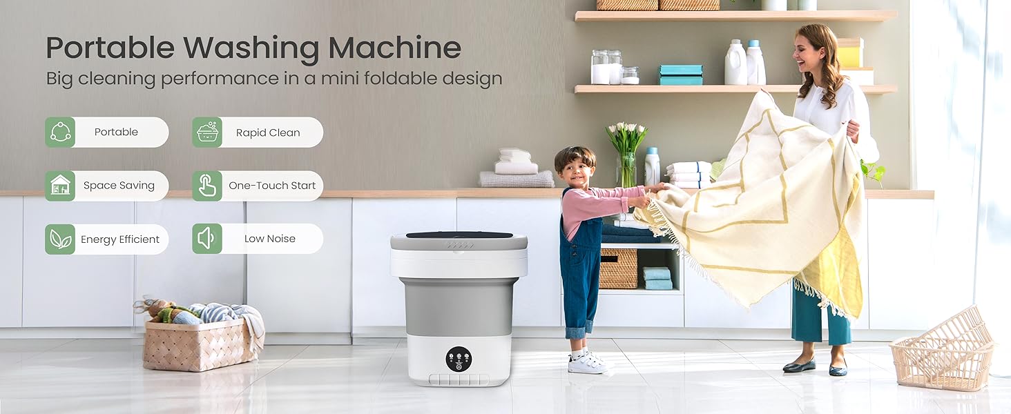 Portable Washing Machine - 16L Mini Foldable Washer with Spin Basket, 3 Cleaning Modes & Deep Cleaning for Small Clothes, Collapsible Laundry for Apartment, Home, Hotel and Travel (Gray)