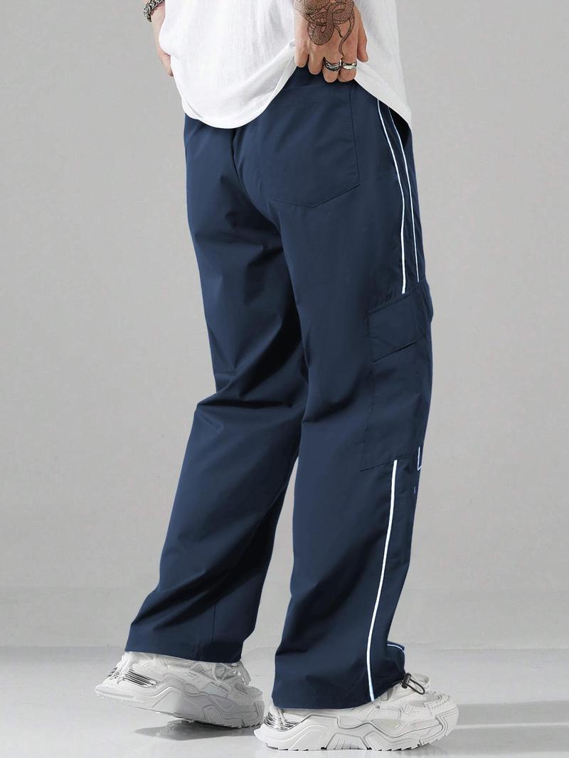 Men's Striped Print Drawstring Waist Pants Breathable Straight Leg Trousers for Outdoor Activities, Athleisure Style Bottoms, Men's Bottoms for All Seasons