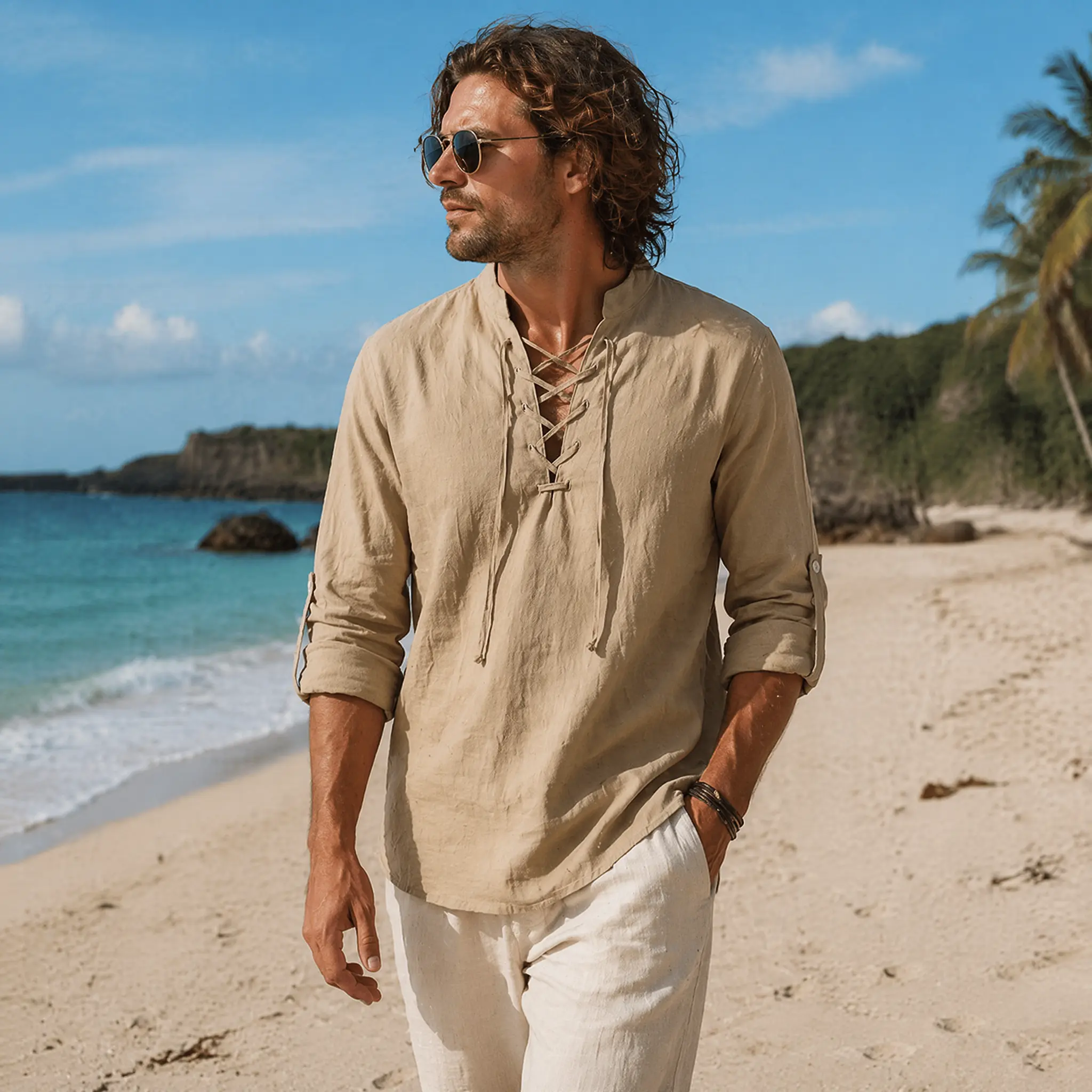 Men's Cotton Linen 2-Piece Menswear Set, Vintage Lace-Up Henley Shirt and Loose Fit Pants for Bohemian Renaissance Cosplay, Fabric, Customized, Plain, Clothes