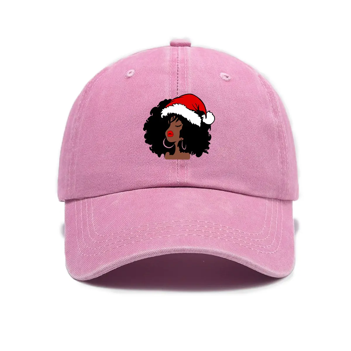 Pink Baseball Cap Black Girl Santa Hat Graphic Printed Washed Cotton Vintage Unisex Dad Hat Trendy Cute Pretty Fashion Casual Streetwear Outdoor Adjustable Sun Trucker Hat Everyday Headwear Merry Christmas Present For Women Girl Friend