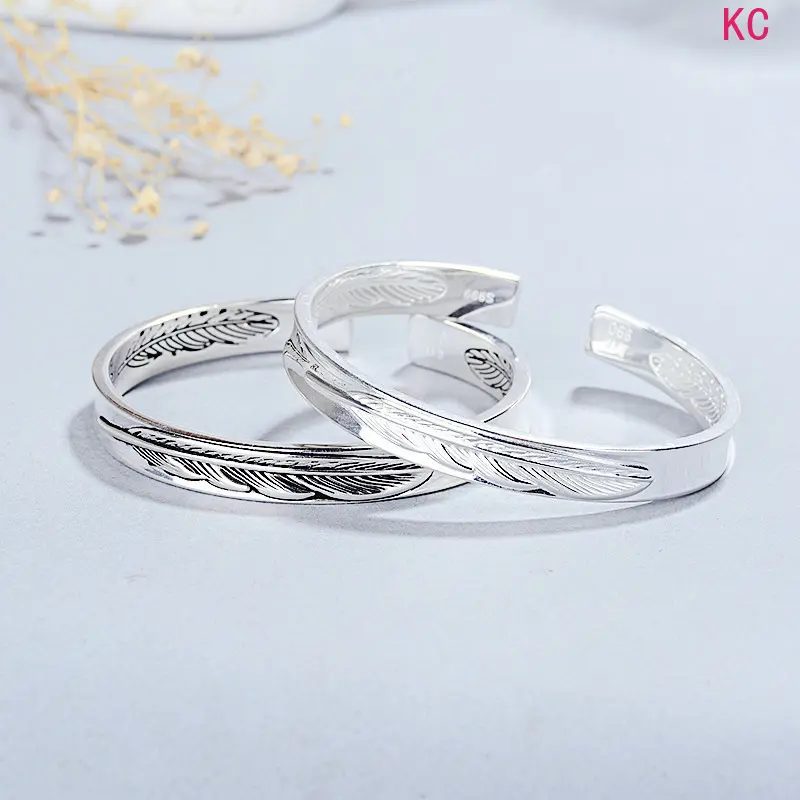 Vintage Antiqued Feather Open Cuff Bangle For Couples, Minimalist Letter Pattern Trendy Hand Jewelry For Daily Outfits