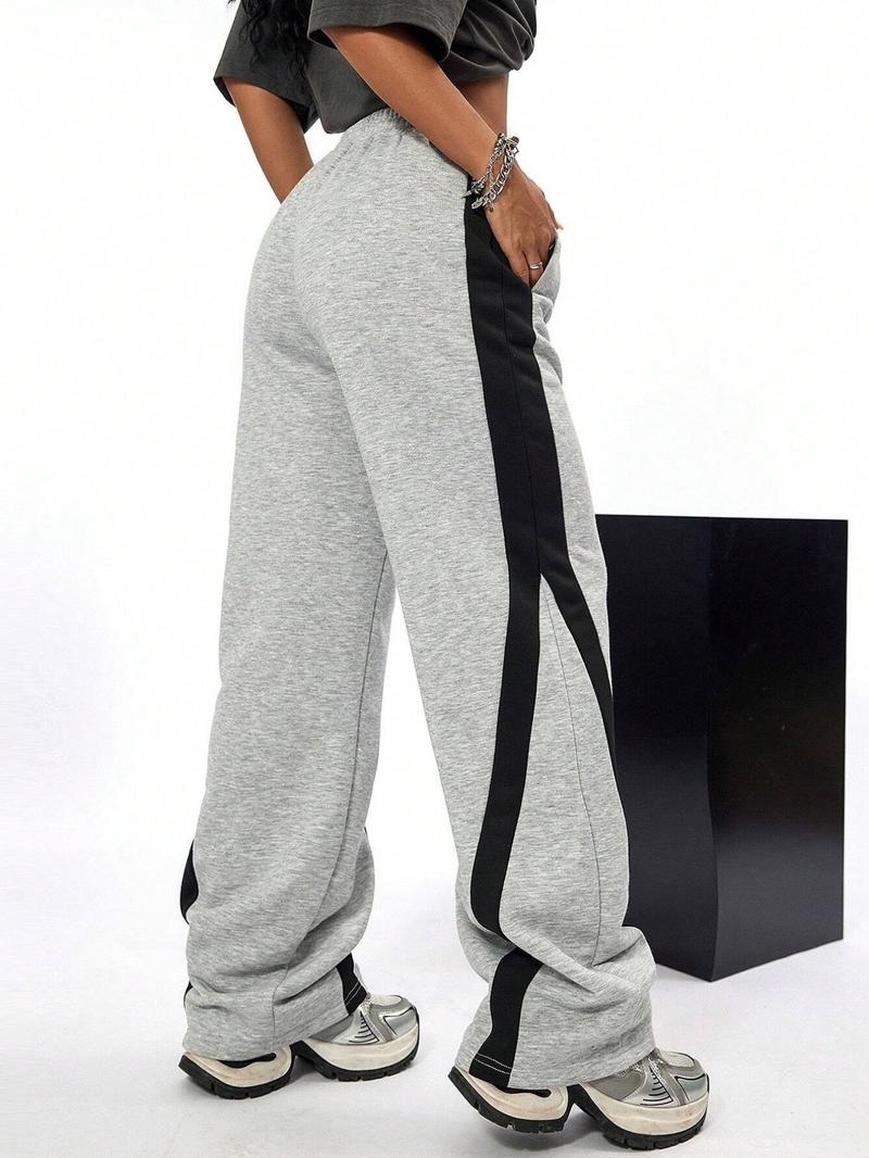 Women's Patchwork Side Stripe Drawstring Waist Sweatpants, Casual Elastic Waist Pocket Jogger Pants for Fall & Winter, Women's Trousers for Daily Wear, Baggy Pants