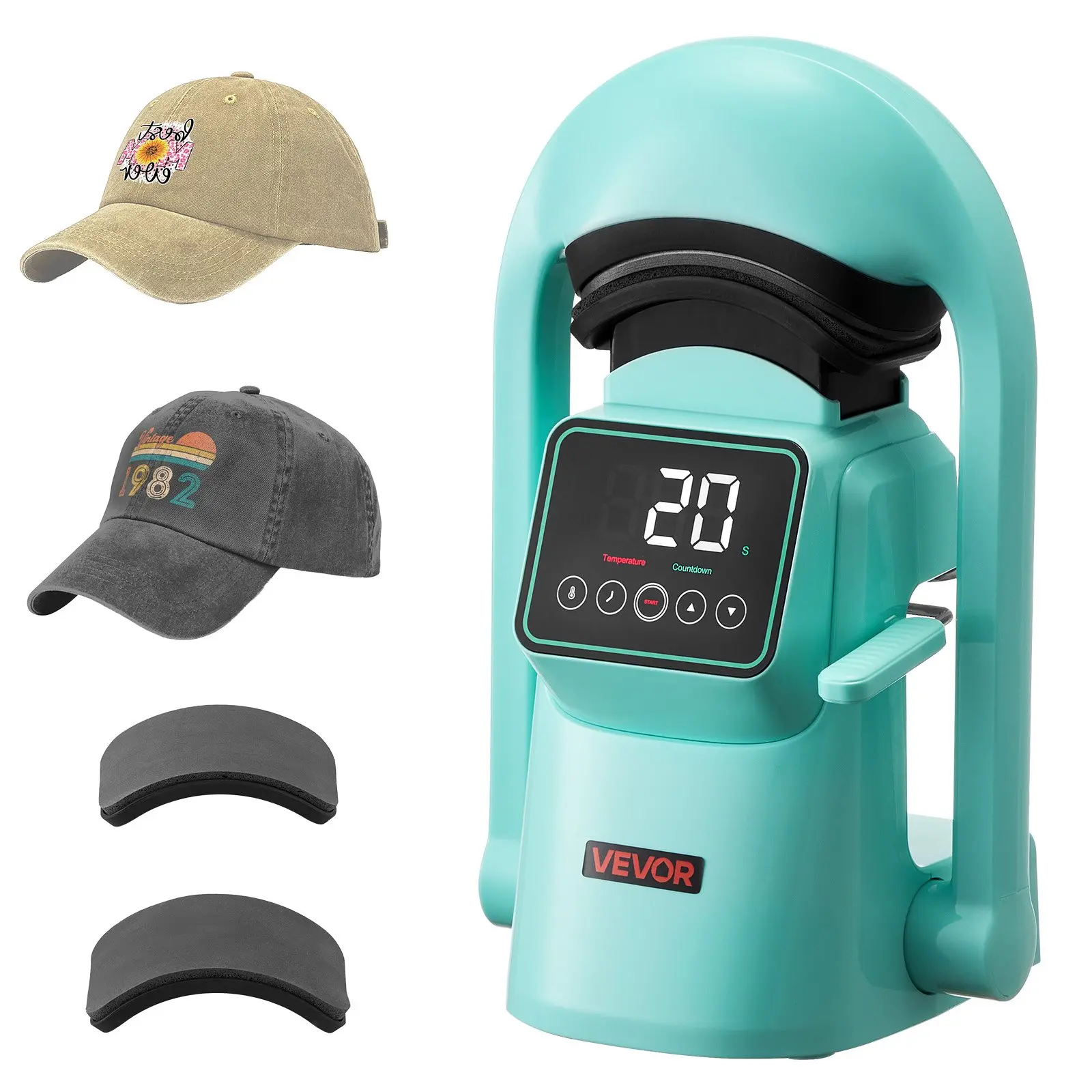 VEVOR Automatic Compact Hat Heat Press Machine (350W, 9.45x8.66x15.5in) - 2 Interchangeable Platens, Auto Open/Close, Touchscreen UI, Temp/Time Control, Green Transfer Printer for Caps & Hats