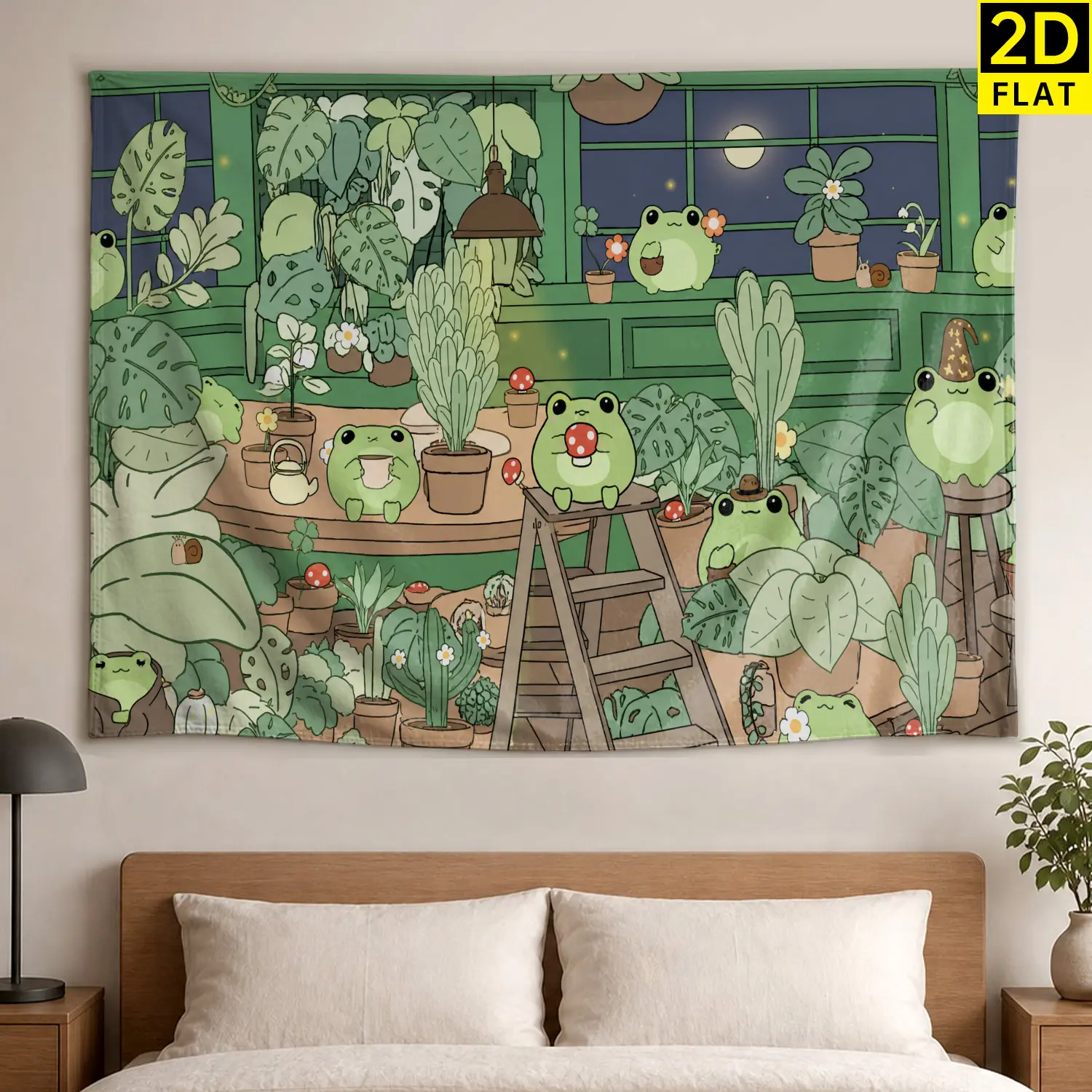 Cute Green Frog Synthetic Polyester Garden Wall Tapestry - Large Horizontal Printed Wall Hanging Decor Accessories, Room Decorations for Bedroom Dining Room, No-Installation Indoor-Outdoor Blanket, Gift for Family (Decorating My Apartment)